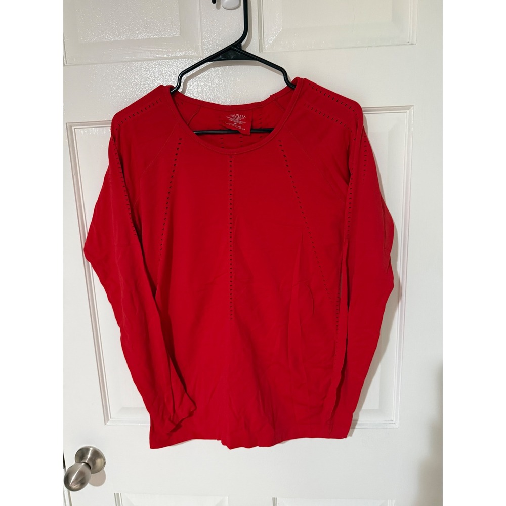 Athleta Womens Red Laser Cut Perforated Long Sleeve Training Top Size M